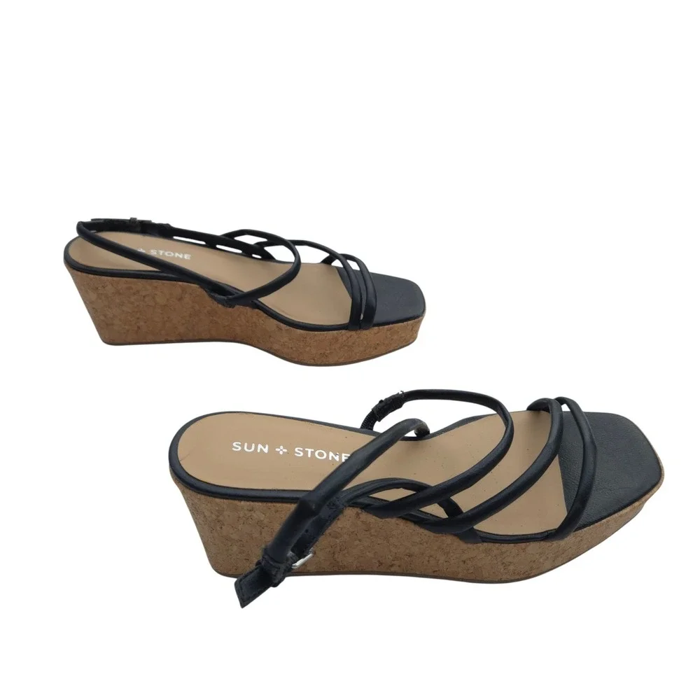 Sun + Stone Bellah Sandals Women Size 9 Black Strappy Cork Platform Wedge Summer